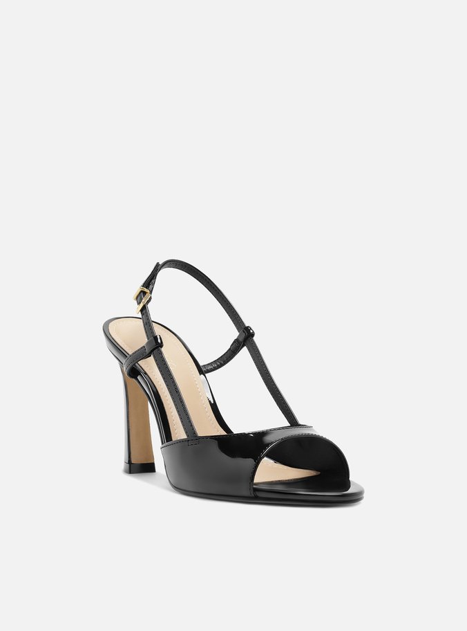 Sandália Preta Verniz Salto Médio Slingback