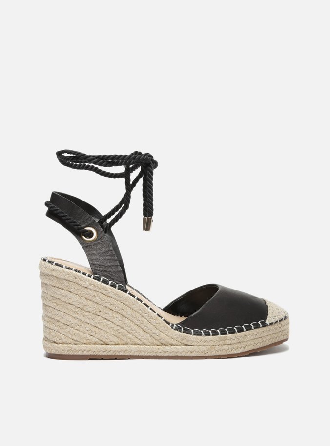 Espadrille Preta Couro Corda Anabela