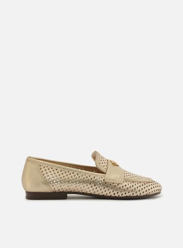 Mocassim Dourado Couro Bico Redondo Vazado Metal