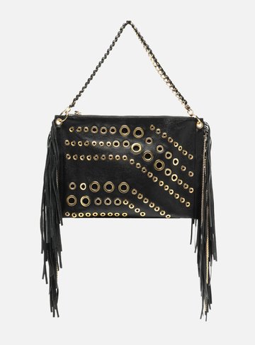 Bolsa Tiracolo Preta Couro Grande Franjas