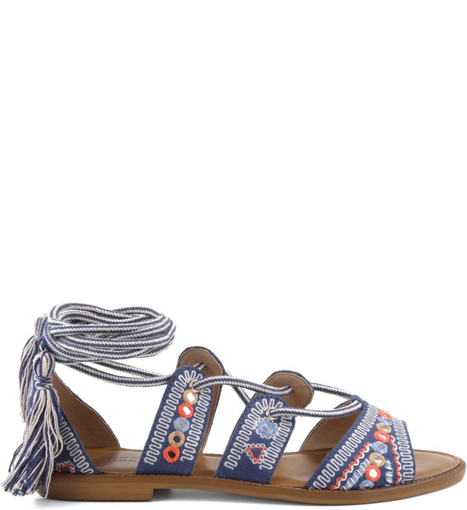Rasteira Lace-up Bordado Boho Blue-Marine