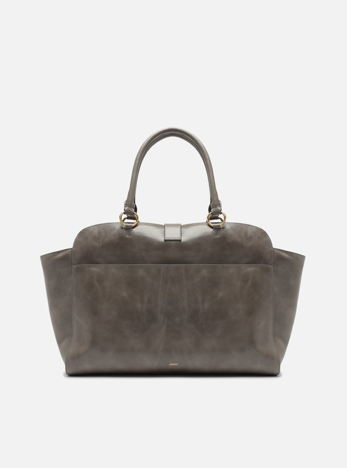 Bolsa Tote Cinza Couro Estonado Grande Metal