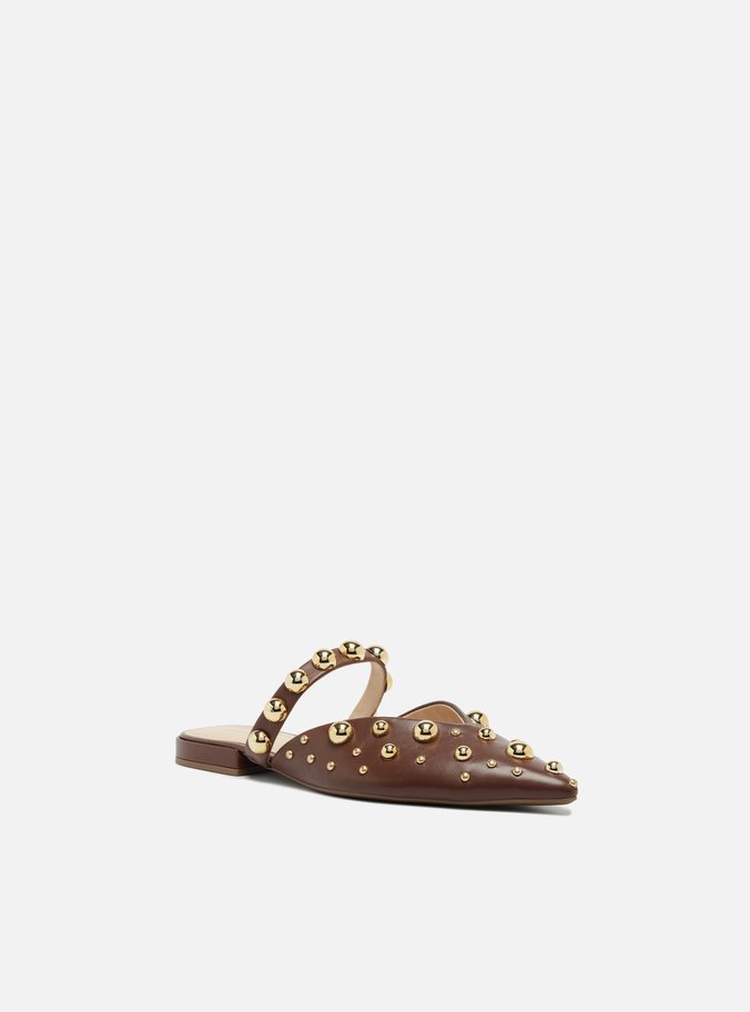 Mule Marrom Couro Fechada Tachas
