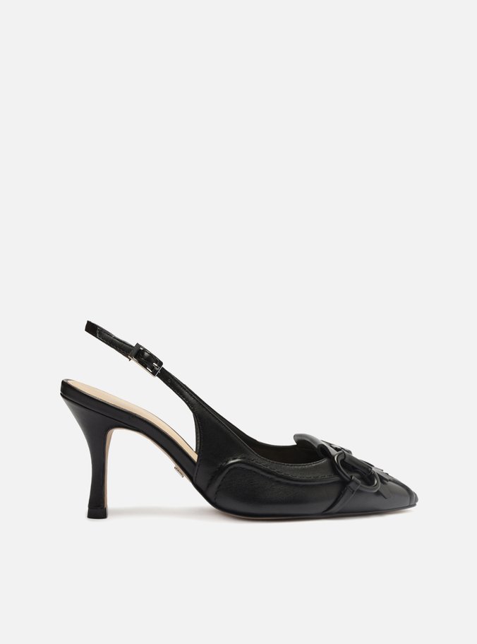 Scarpin Preto Couro Bico Fino Slingback Barbicacho