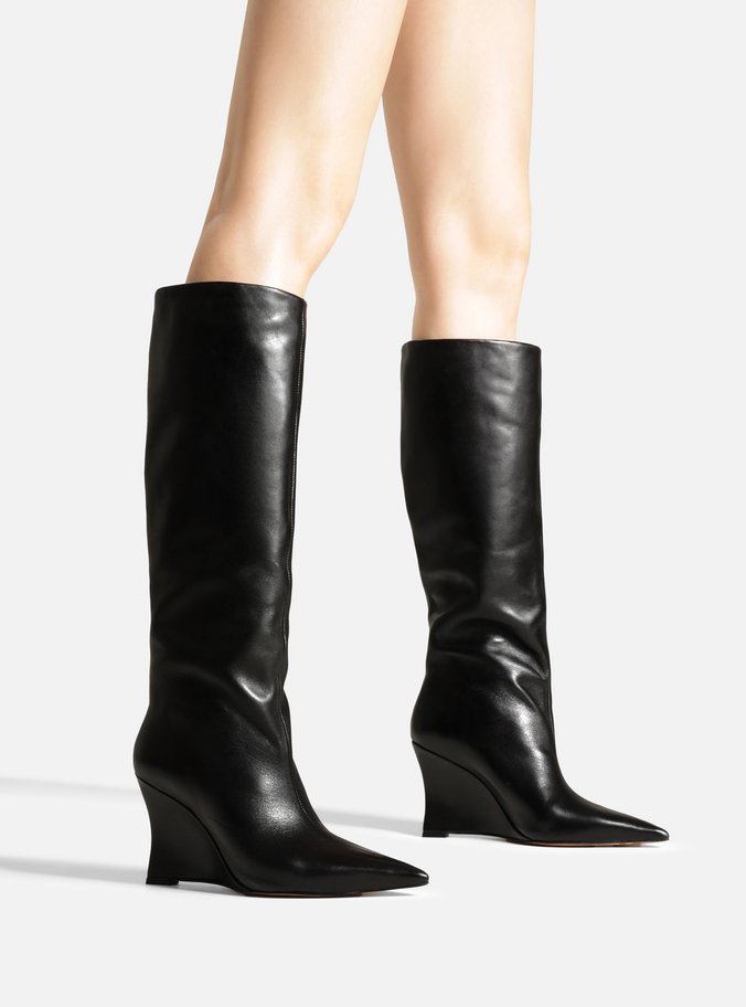 Bota Preta Couro Cano Alto Salto Anabela