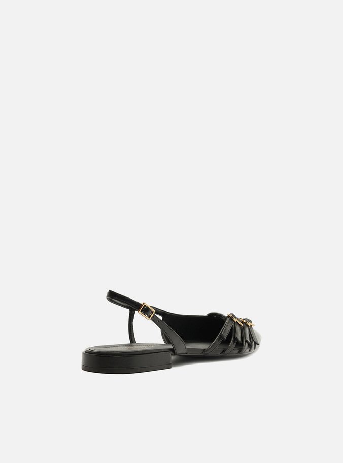 Sapatilha Preta Couro Slingback Tiras Fivelas