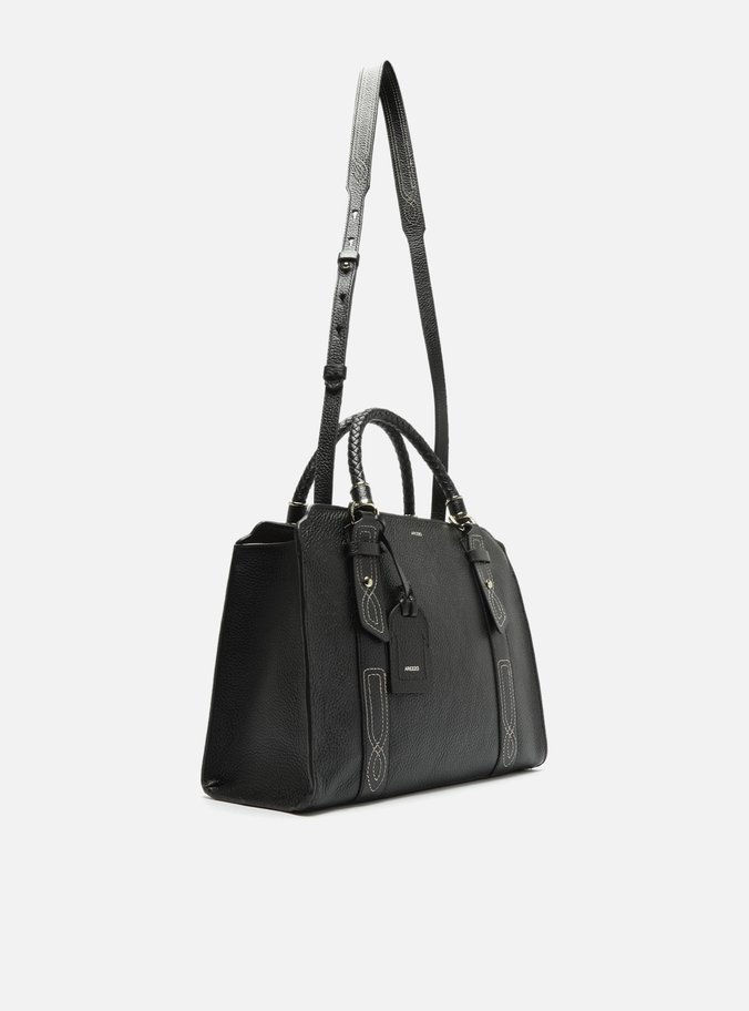 Bolsa Tote Preta Couro Piazza Bordado Grande