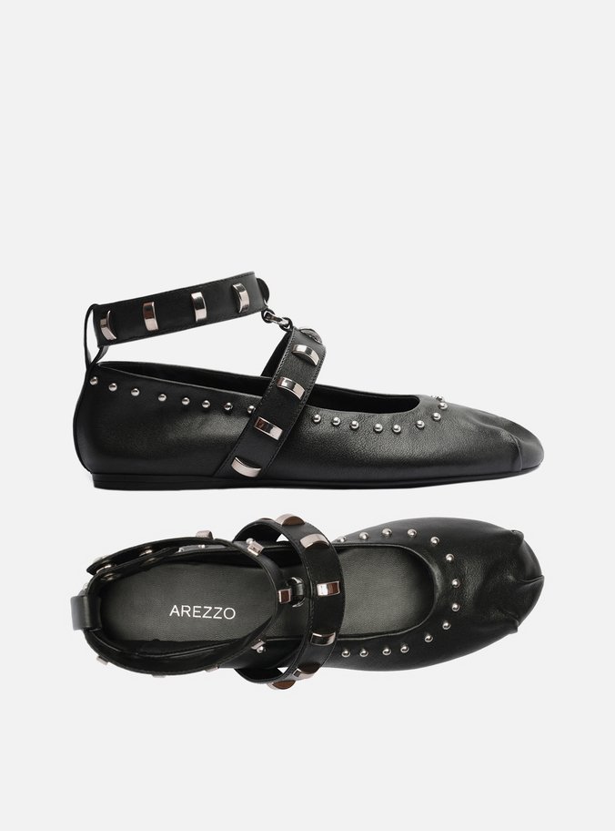 Sapatilha Boneca Preta Couro Metais Tira Ankle