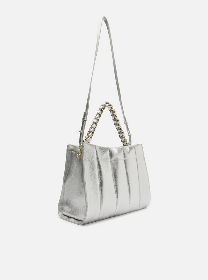 Bolsa Tote Prata Couro Milano Chain Grande