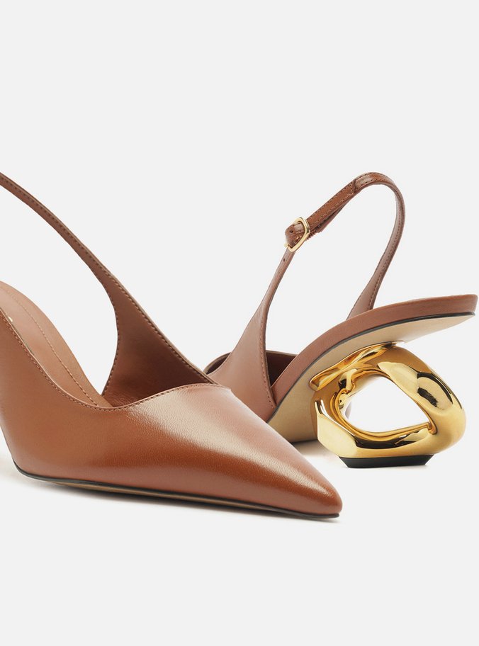 Scarpin Caramelo Couro Salto Geométrico Slingback