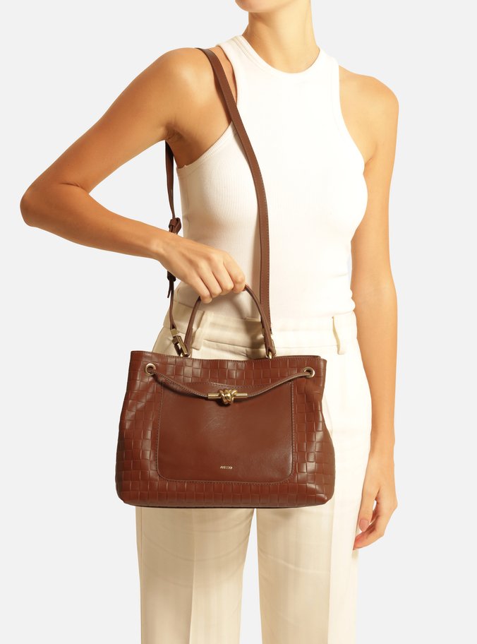 Bolsa Tote Caramelo Couro Tressê Grande Nó Metal
