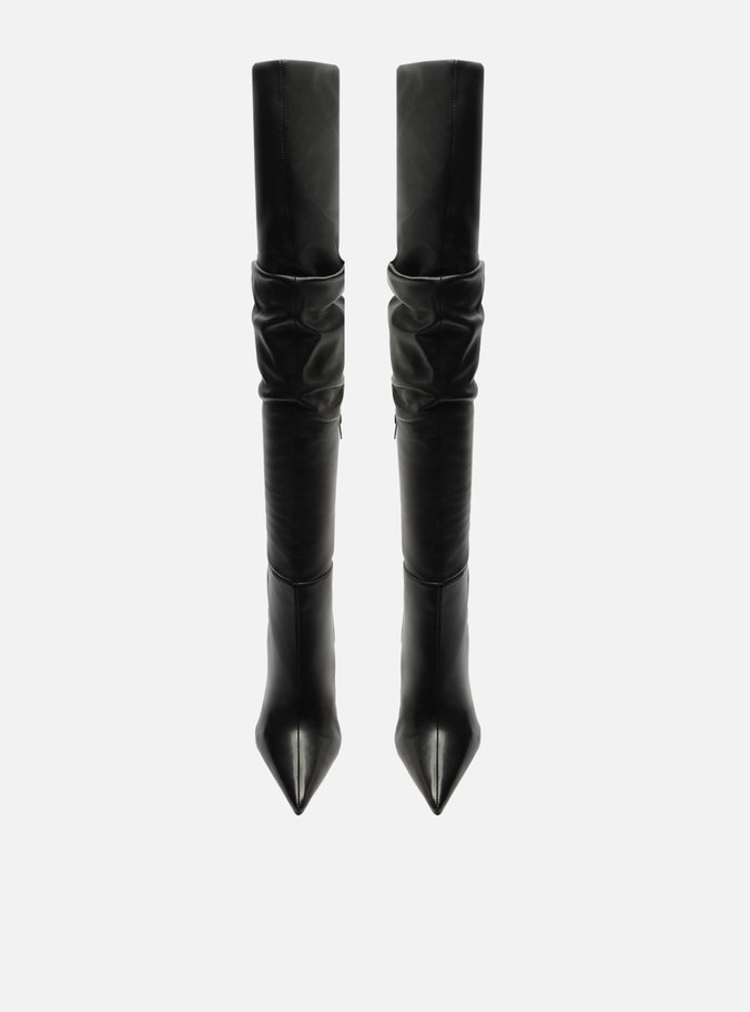 Bota Over The Knee Preta Couro Salto Fino