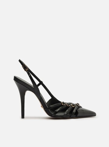 Scarpin Preto Couro Salto Alto Tiras Fivelas