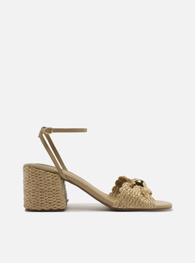 Sandália Bege Palha Salto Bloco Tira Metal