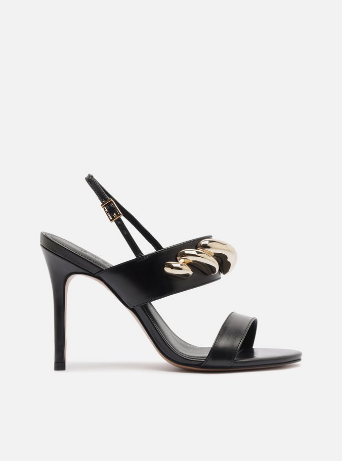 Sandália Preta Couro Metal Salto Fino