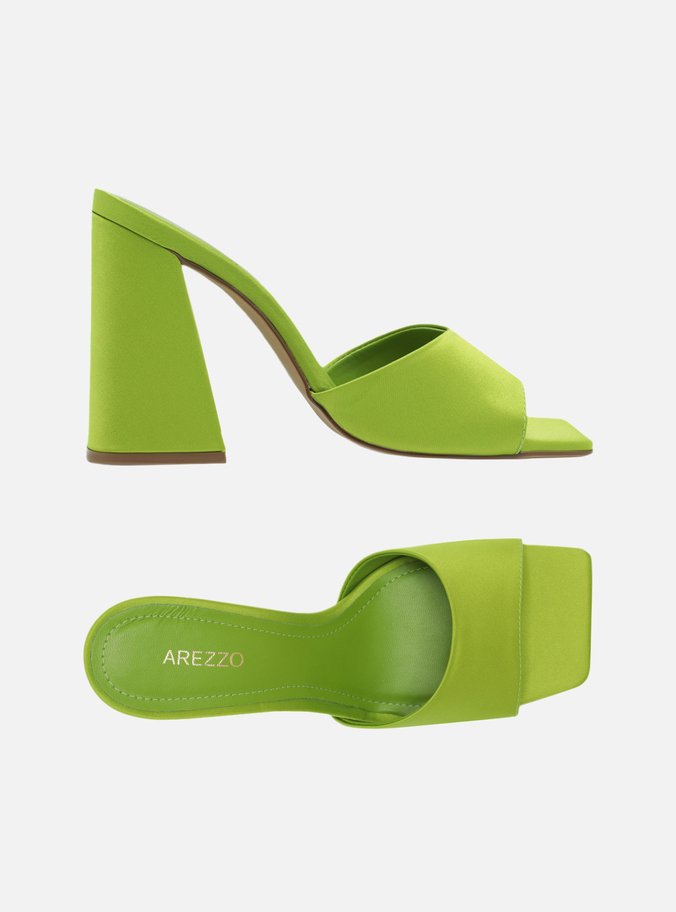 Mule Verde Cetim Salto Alto Bloco