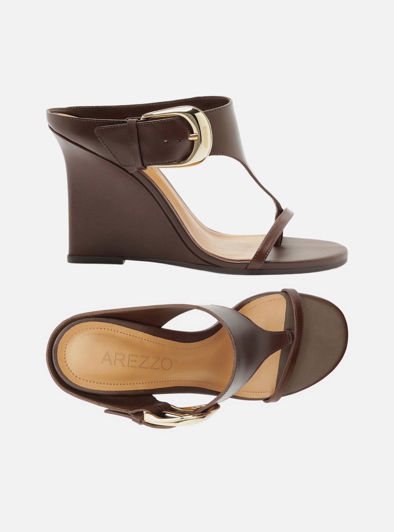 Sandália Marrom Escuro Couro Anabela Tira Thong Maxi Fivela — foto 5