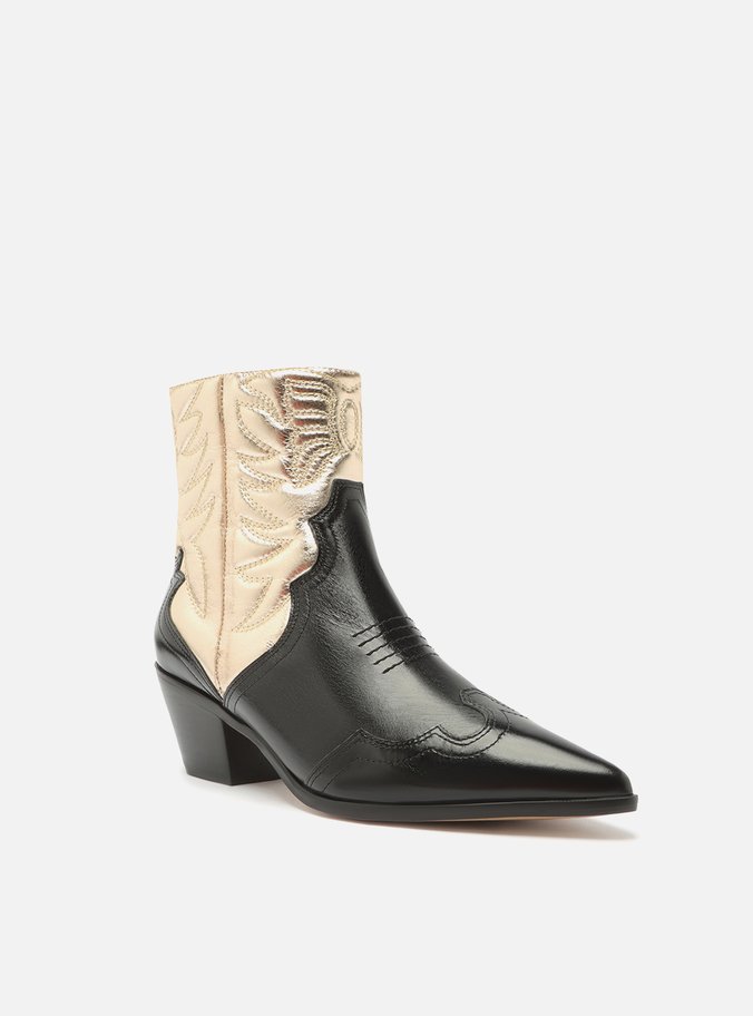 Bota Preta Couro Cano Curto Western Dourada