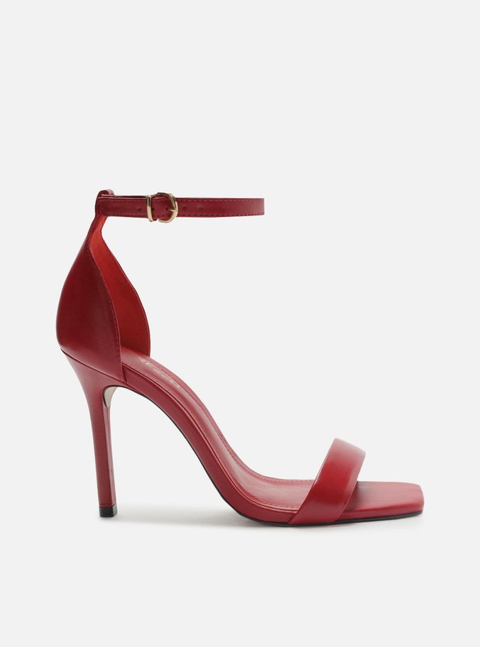 Sandália Vermelha Couro Salto Fino Bico Quadrado