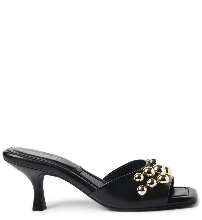 Mule Preta Couro Salto Fino Tachas Vivien