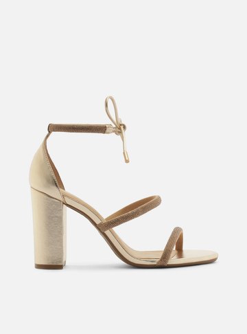 Sandália Dourada Salto Alto Strass Amarração