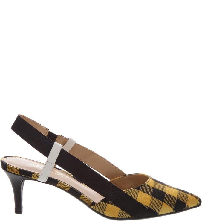 Scarpin Aberto Tecido Xadrez Kitten Heel Preto e Amarelo