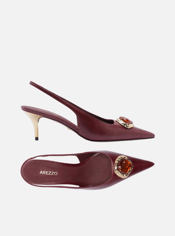Scarpin Vinho Couro Salto Baixo Slingback Pedraria