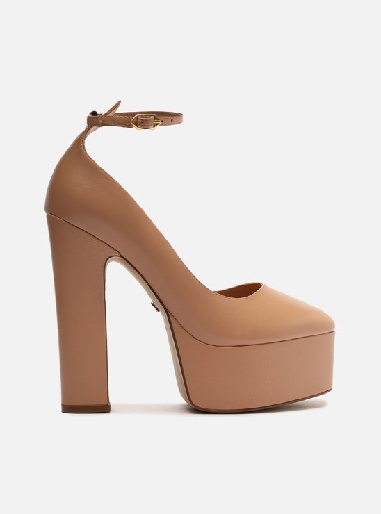 Scarpin Nude Couro Meia Pata Bloco