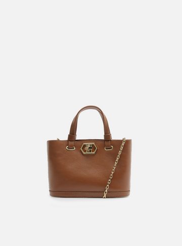 Bolsa Tote Marrom Couro Pequena Encaixe Metal