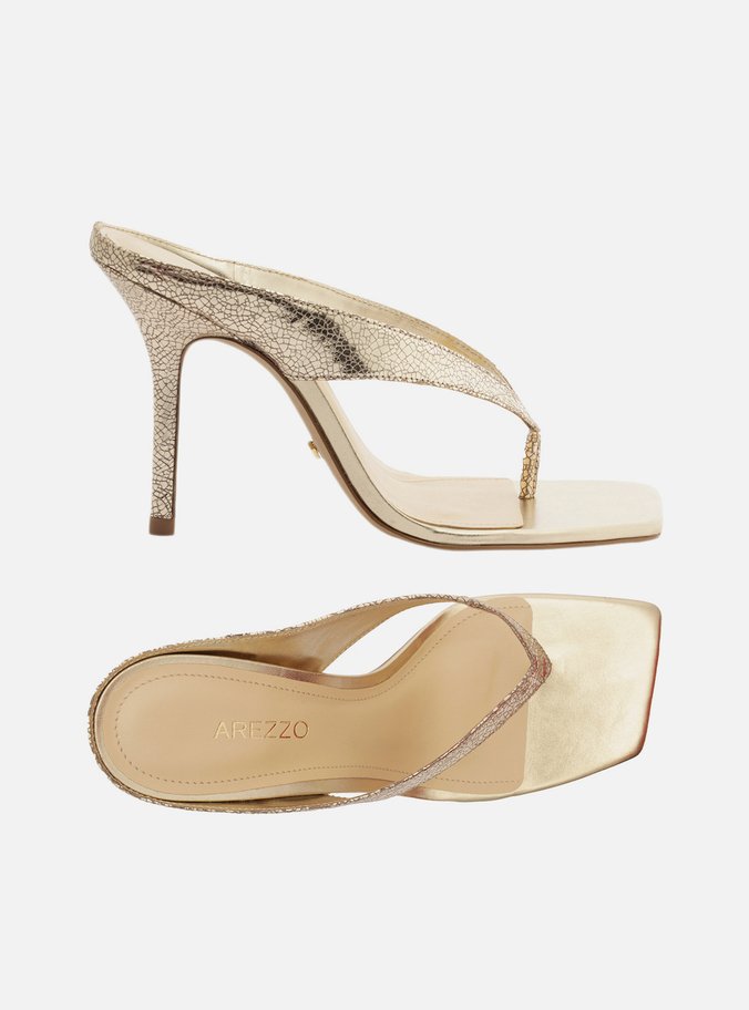 Tamanco Dourado Couro Salto Alto Thong
