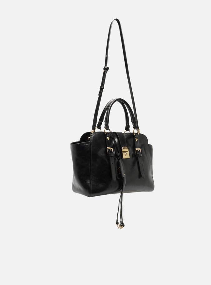 Bolsa Tote Preta Couro Estonado Média Metal