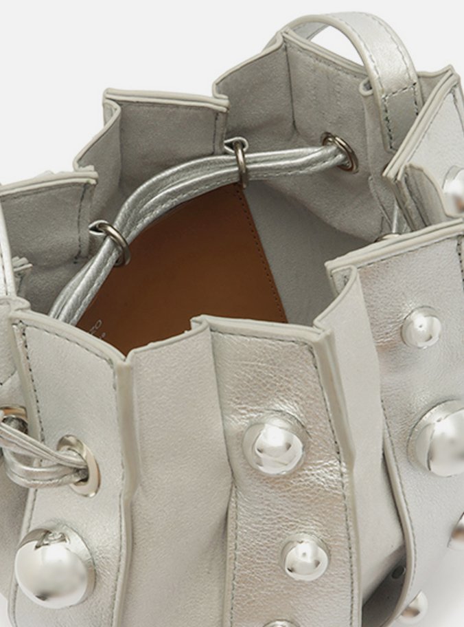 Bolsa Bucket Prateada Couro Pequena Esferas
