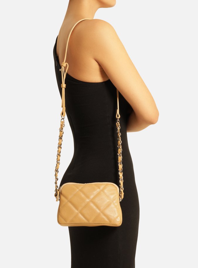 Bolsa Tiracolo Bege Couro Mizz Pequena Zíper