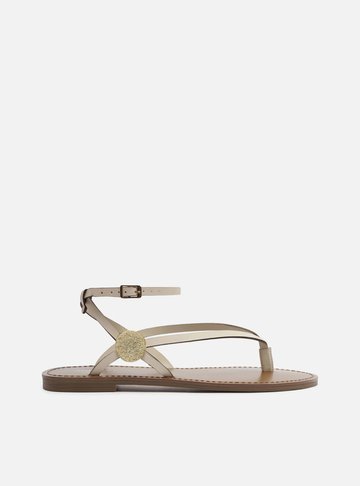 Sandália Rasteira Off White Couro Metal Texturizado