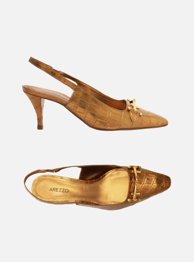 Scarpin Dourado Croco Bico Fino Slingback Bridão
