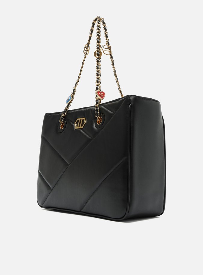 Bolsa Shopping Preta Couro Grande Pingentes