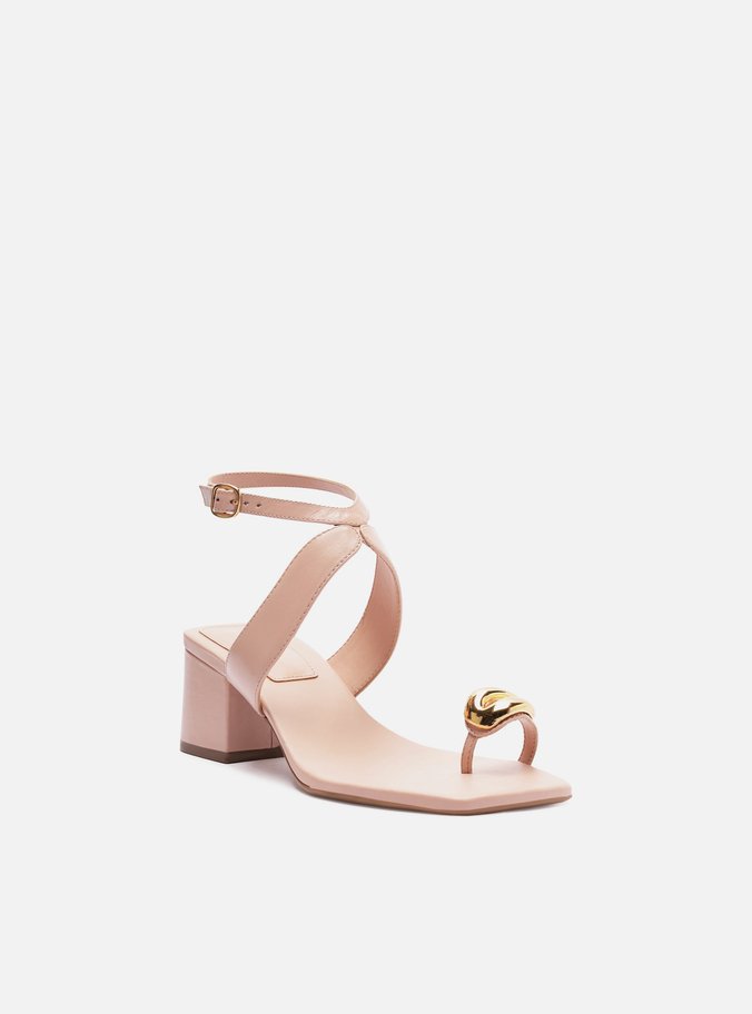 Sandália Rosa Couro Salto Bloco Metal Bold
