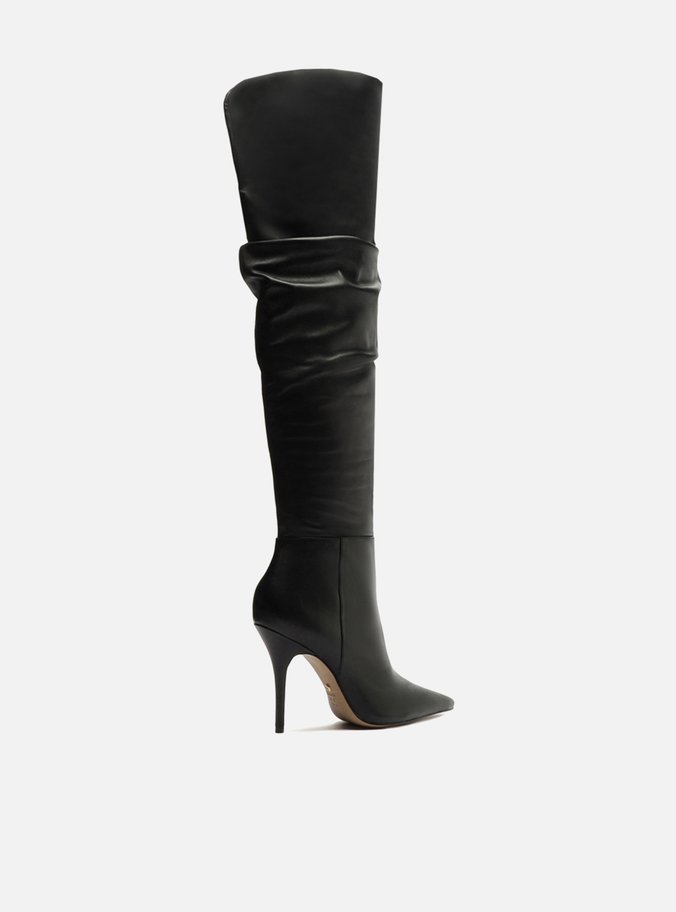 Bota Over The Knee Preta Couro Salto Fino