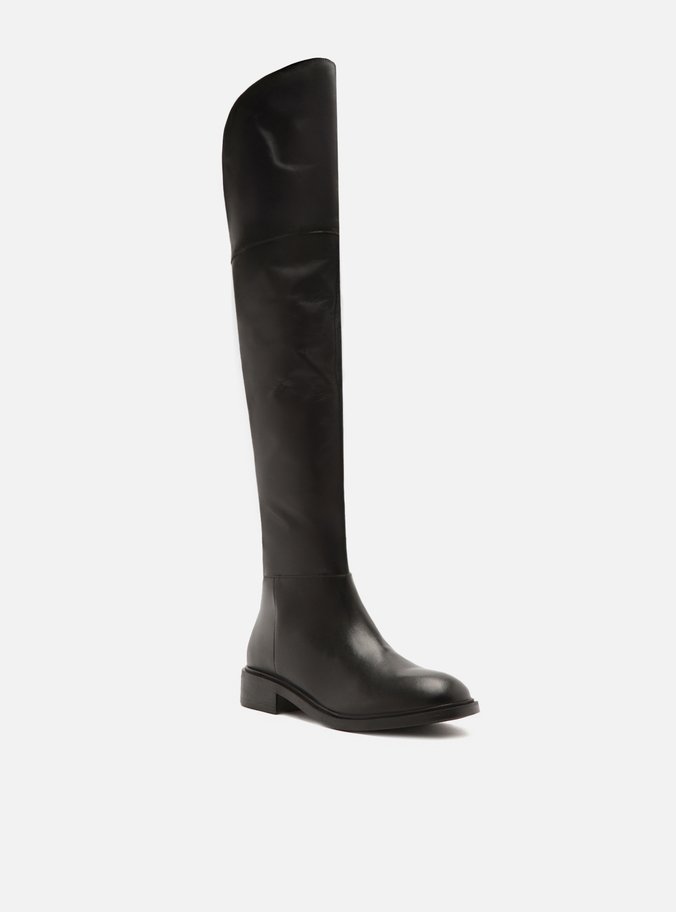 Bota Over The Knee Preta Couro Salto Bloco