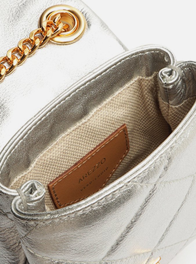 Mini Bag Prata Couro Matelassê Porta-Celular