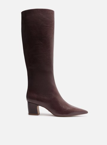 Bota Marrom Couro Cano Longo Bico Fino Zíper
