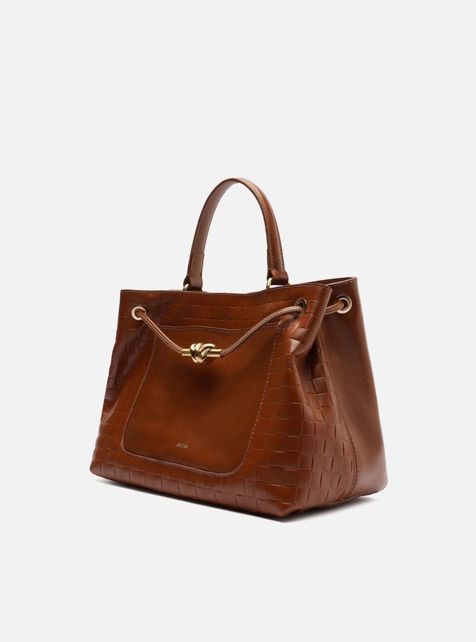 Bolsa Tote Caramelo Couro Tressê Grande Nó Metal