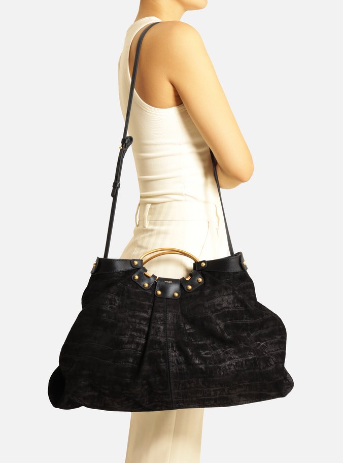 Bolsa Tote Preta Suede Croco Grande