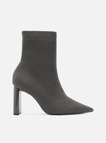 Bota Skinny Cinza Knit Cano Médio Salto Bloco