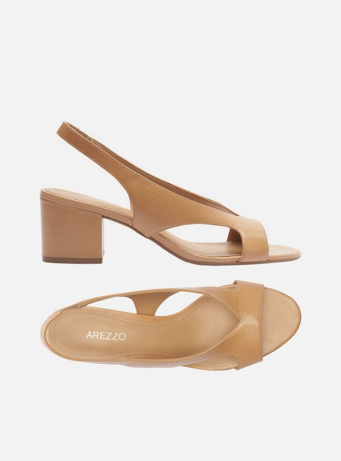 Sandália Nude Couro Bloco Tira Larga Slingback
