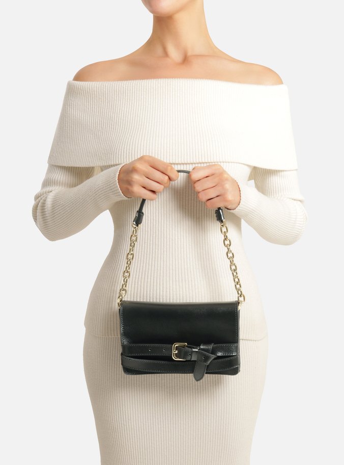 Bolsa Shoulder Preta Couro Pequena Tiras Fivela