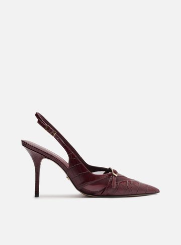 Scarpin Vermelho Croco Salto Alto Slingback Tela