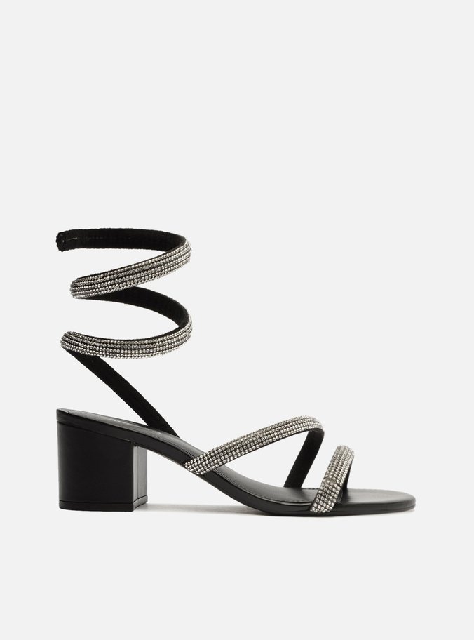Sandália Preta Salto Bloco Espiral Strass Glam