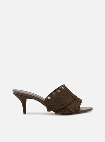 Mule Marrom Escura Camurça Salto Fino Franjas