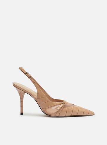 Scarpin Rosa Croco Salto Alto Slingback Tela
